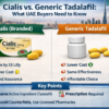 Comparison infographic showing Cialis (branded) vs Generic Tadalafil in UAE, highlighting price, effectiveness, brand difference, and safety points.