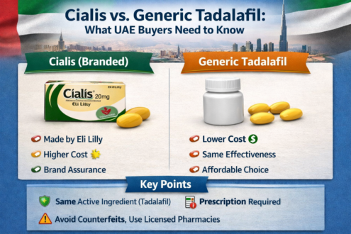 Comparison infographic showing Cialis (branded) vs Generic Tadalafil in UAE, highlighting price, effectiveness, brand difference, and safety points.
