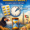 Infographic showing Tadalafil tablets, a 36-hour clock timeline, and UAE skyline with couple illustration explaining duration of effects.