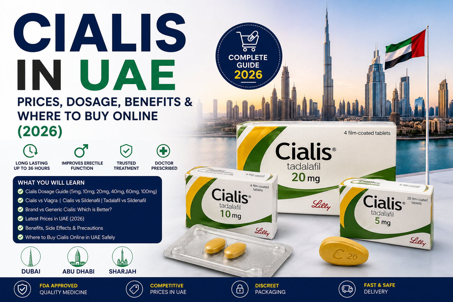 Cialis in UAE guide featuring tadalafil tablets, dosage options, prices, benefits, and safe treatment information for men in the UAE.