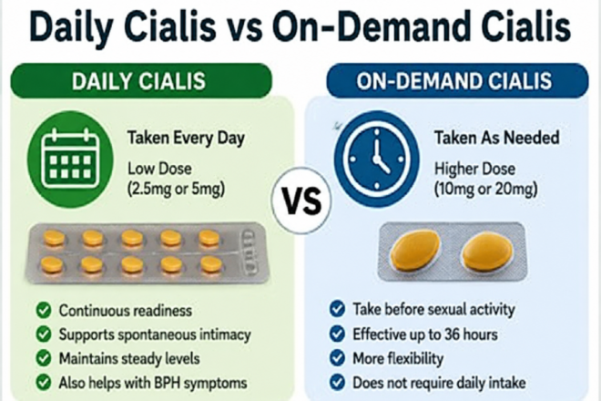 Comparison chart showing Daily Cialis vs On-Demand Cialis, including dosage, usage, benefits, and treatment differences.