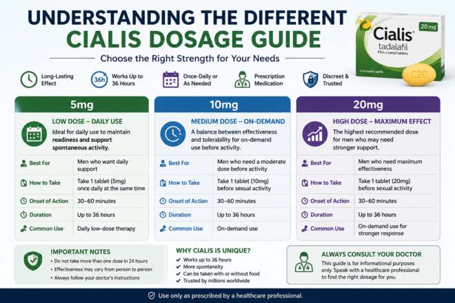 Understanding the different Cialis dosage guide comparing 5mg, 10mg, and 20mg tadalafil tablet strengths.