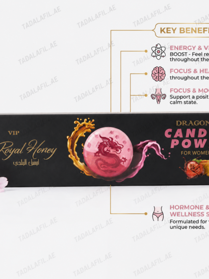 Dragon Candy Power VIP Royal Honey for Women in a black and pink box, with individually wrapped red candy pieces displayed beside the packaging.