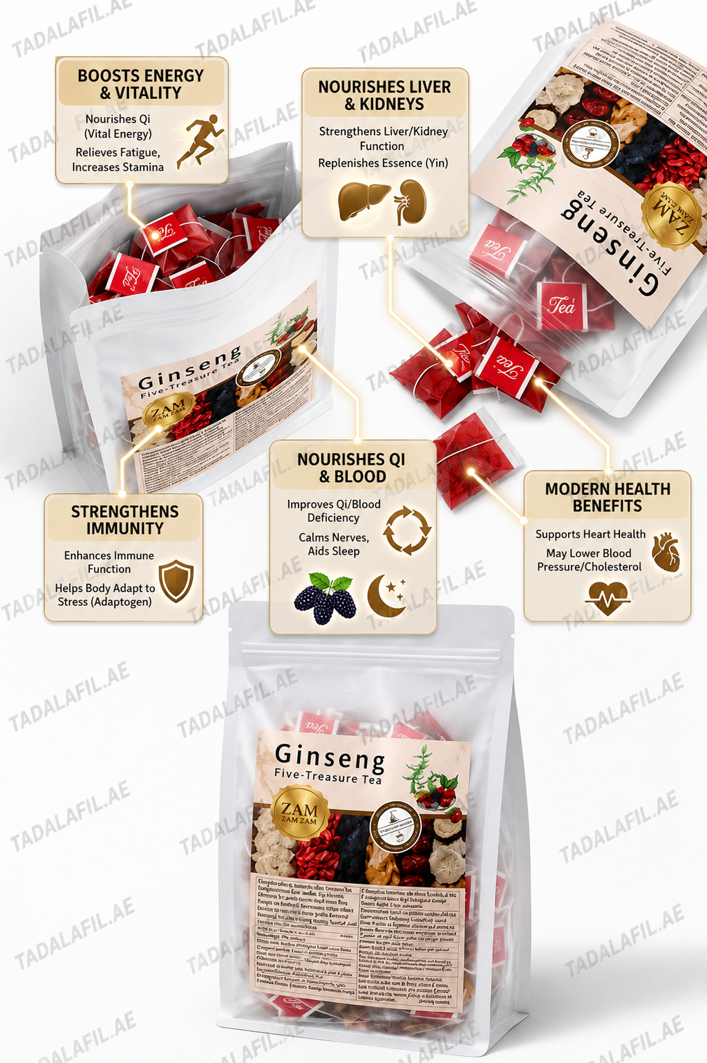 Ginseng Five-Treasure Tea by ZAM Trading Co., packed in individual red tea sachets inside a resealable white pouch.
