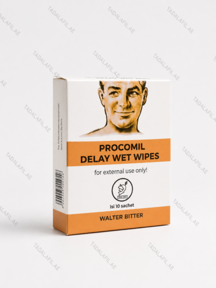 Procomil Delay Wet Wipes box with individually wrapped orange and white sachets.