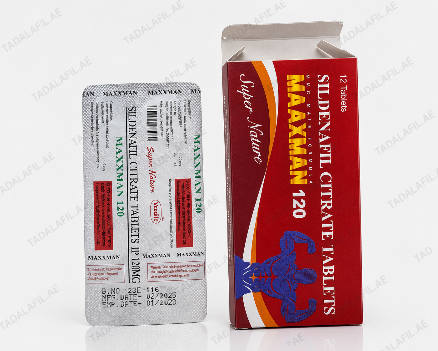Maxxman 120 sildenafil citrate tablets, 12-tablet red package with blister pack.