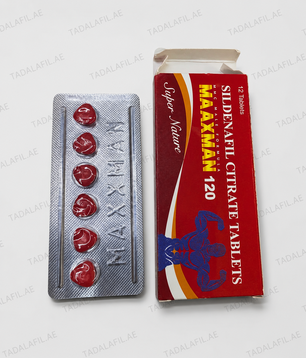 Maxxman 120 sildenafil citrate tablets, 12-tablet red package with blister pack.