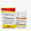 Super Kamagra 6-tablet pack containing Sildenafil 100 mg and Dapoxetine 60 mg tablets, shown with its bottle and box packaging.